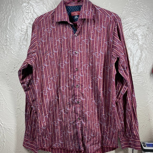 Saks Fifth Avenue Purple Long Sleeve Striped Paisley Trim Fit Shirt Mens Medium - Picture 1 of 6